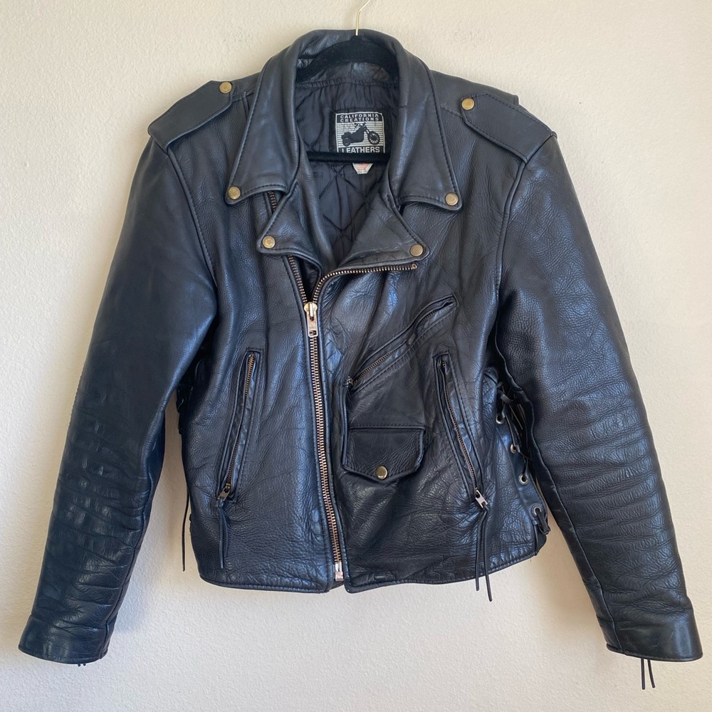 VTG California Creations Santa Rosa Bomber Black Leather Motorcycle Jacket Sz 42